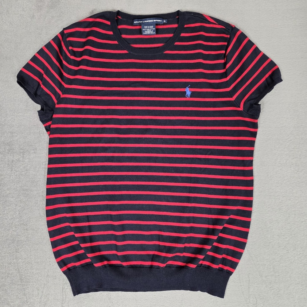 VTG Ralph Lauren Sport T-Shirt Womens XL Red Navy Striped Cotton Short Sleeve - Picture 2 of 8